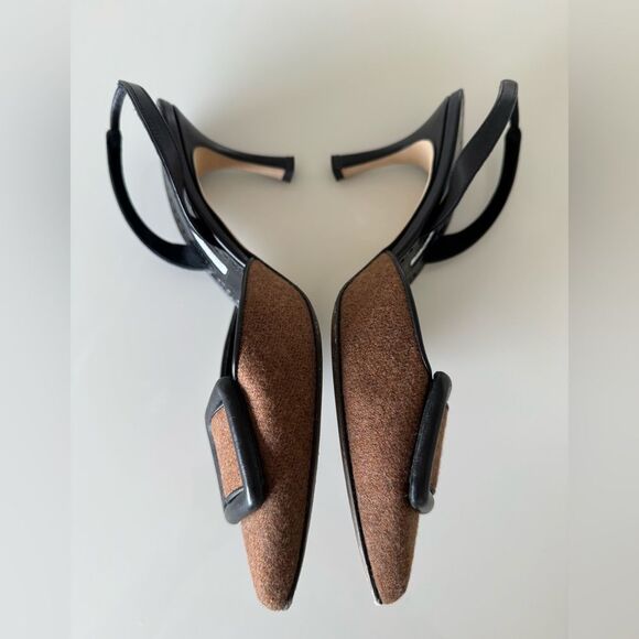 MANOLO BLAHNIK Brown Wool & Black Leather Buckle Mayslibi Heels EU 37 US 7 Shoes - Picture 6 of 10
